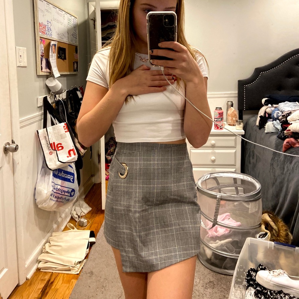 gray mini skirt with gold detail